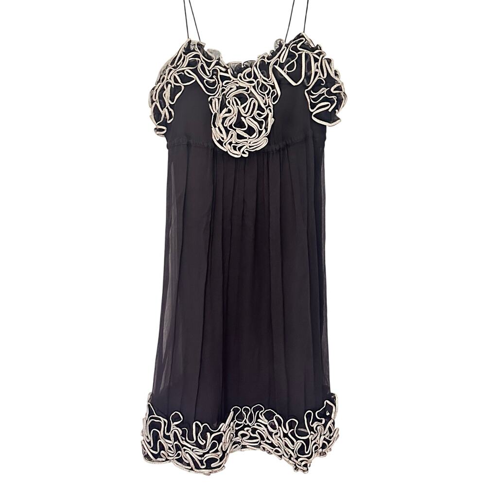 Yoana Baraschi Black Strapless Mini Dress White Appliqué Detailed Hem Size 2 EUC